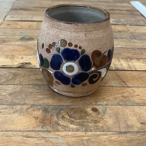 Vintage Mexican Folk Art Pottery Tonala Sand Mug Floral Design Signed - Picture 5 of 12